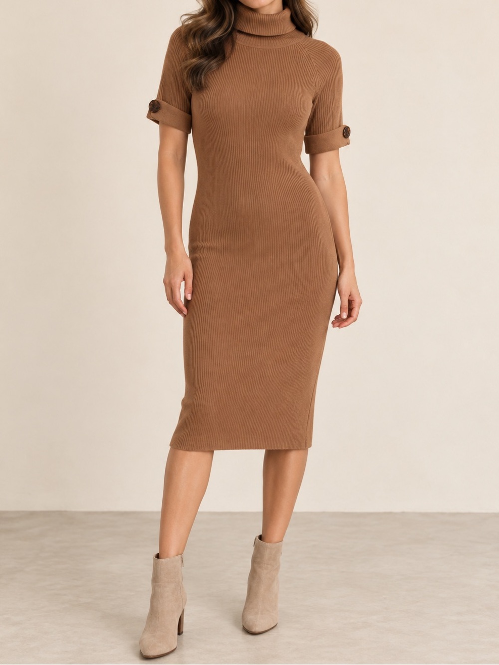 Moda International Camel Ribbed Turtleneck Sweater Dress Size M Button Cuff